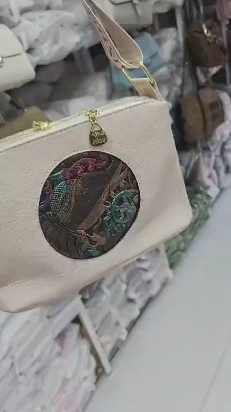 IMPORTED ROUND CYLINDRICAL ELIPHENT PATCHED SLINGBAG WITH BROAD BELT..!